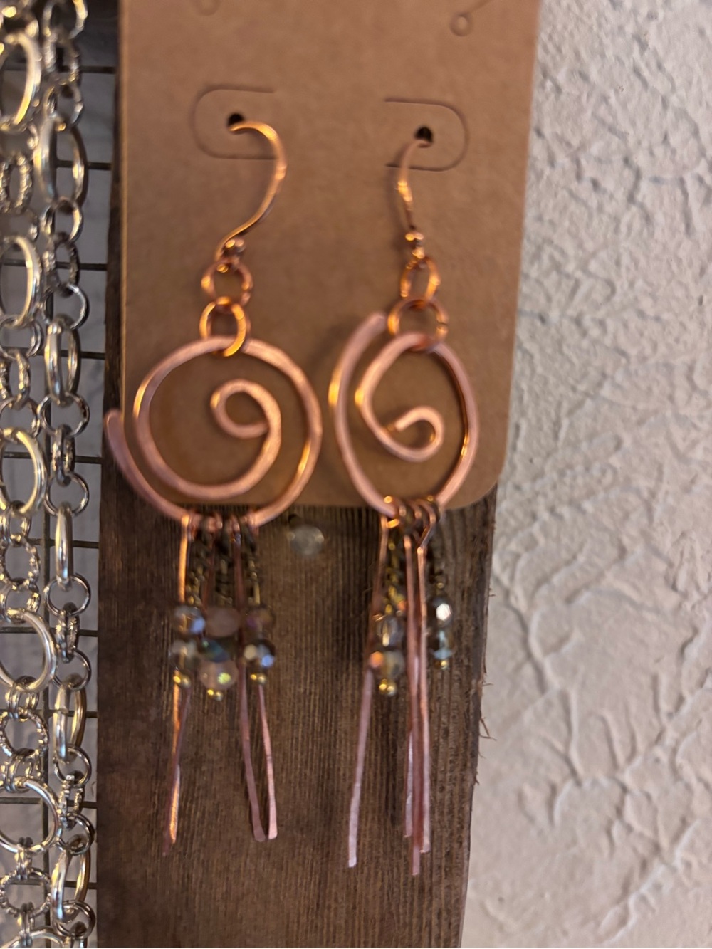 Copper Spiral Drop Earrings with Bead Tassels
